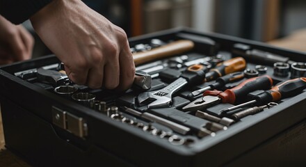 A portable toolbox filled with a complete set of professional hand tools. Concept of home repair and comprehensive tool kits.