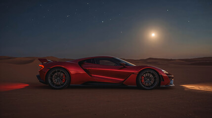 Sleek red sports car in desert at night