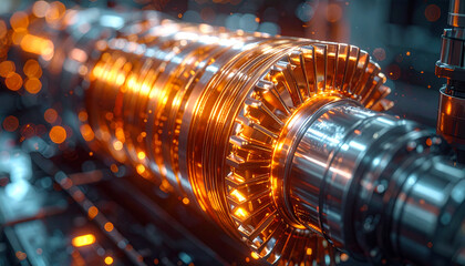 Industrial Spark: A detailed shot of a rotating metallic industrial component, emitting bright sparks. showcasing the dynamic energy and intricate mechanics involved.