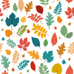 Seamless  pattern with different colorful autumn leaves: ash, chestnut, birch, grape. Perfect for textile, wrapping paper, wallpapers, seasonal backgrounds. Vector illustration on white background.