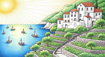 Scenic Coastal Village with White Houses and Green Terraced Gardens Under Bright Sun