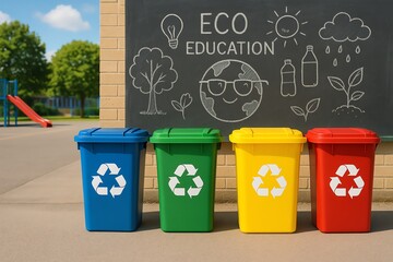 Eco Education concept with colorful recycling bins and chalkboard drawing, outdoor school setting.