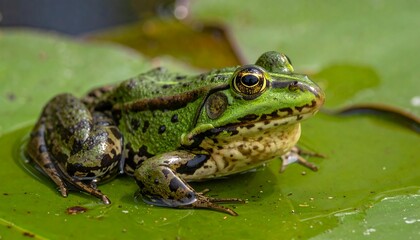 Close-up of a green frog on a lily pad