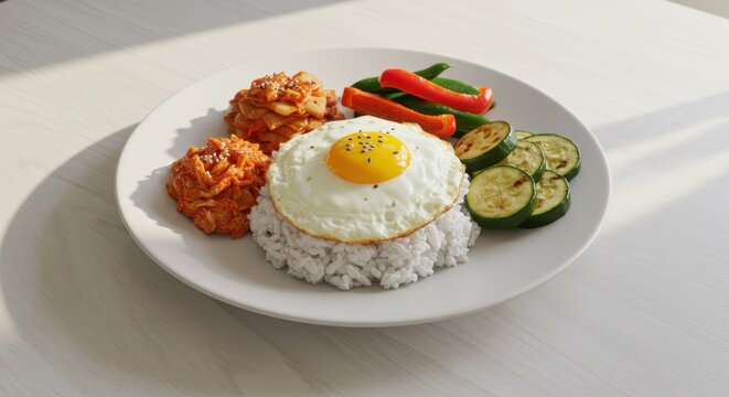 Kimchi,  a white plate showcasing rice topped with egg, kimchi, zucchini, and bell peppers on a table