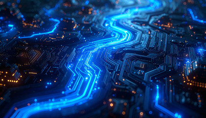 Digital River of Progress: A luminous and futuristic representation of data flow through a motherboard circuit, vividly illustrating the interconnectedness of modern technology.