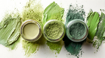 Top down view of three open glass jars filled with green substances and textures on a white surface