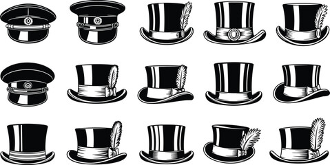 Black and white vintage top hats and military caps collection, detailed vector fashion accessories set for historical costume, retro style design