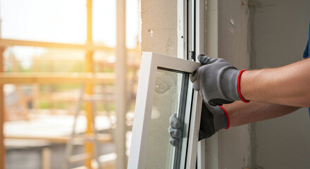 Hands of a worker using a specialized tool to install, level or adjust a new windowConcept of professional installation and window fitting.