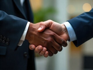 Close-up of a professional handshake between two diverse businessmen, sealing a successful partnership agreement in a corporate setting
