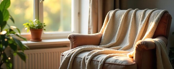 Cozy interior scene featuring comfortable pants casually draped over a chair near a window, soft natural light illuminating the fabric Relaxed, homey atmosphere , clothing, home, chair