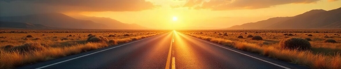 Endless asphalt ribbon vanishing into a hazy, sun-drenched distance, promising adventure and the open road Perfect for travel, freedom, journey, and exploration themes , highway, asphalt