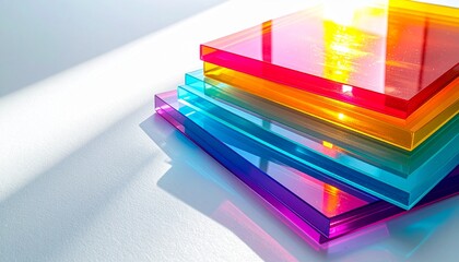 Stack of colorful transparent acrylic sheets with vibrant hues, creating a gradient effect