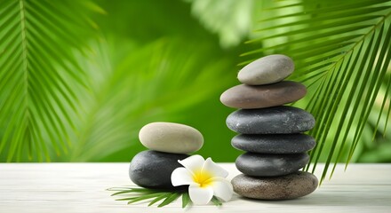 Obraz premium Stacked Spa Stones with White Flower and Palm Leaf | Zen Still Life for Wellness, Meditation and Relaxation Concepts