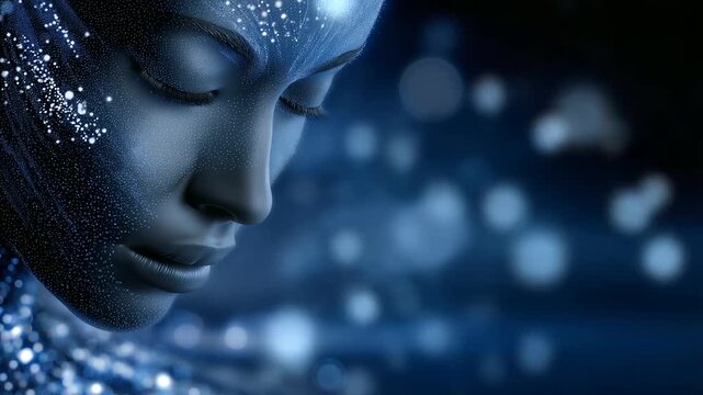 Futuristic face dissolving into glowing particles on dark background, digital art, abstract, transformation, technology, cybernetic, virtual reality, sci-fi, surreal, innovation