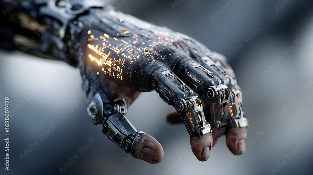 Poster futuristic cyborg design with digital interface highlighting artificial intelligence cyber technology robotic human machine learning virtual network concept