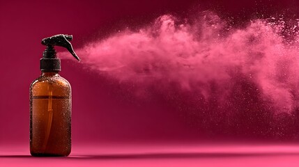 A dark brown glass spray bottle dispensing a pink mist against a deep magenta background.
