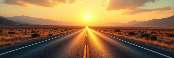 Endless asphalt ribbon stretches towards a hazy, sun-drenched horizon, marked only by distant, indistinct hills and the vast, open sky Perfect for travel, journey, and freedom themes , path, sunlight