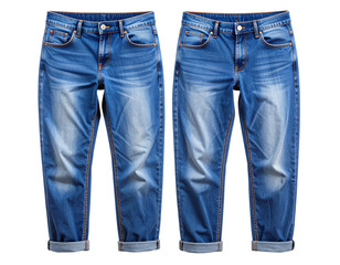 Classic Blue Denim Jeans Front View with Buttoned Waist, Isolated on Transparent Background