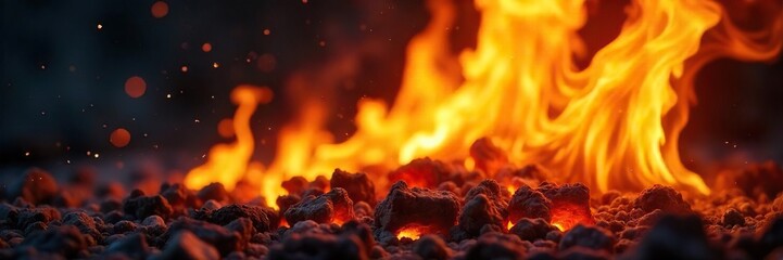 Close-up of vibrant orange and yellow flames licking upwards, intense heat and burning embers visible A powerful image depicting the destructive and captivating nature of fire , heat, ember, warm