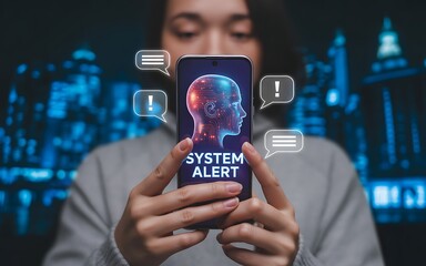 Woman holding smartphone with system alert notification in front of city