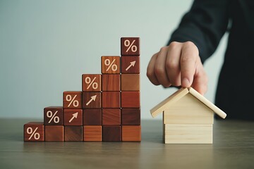 Rising interest rates concept with wooden blocks and house model on the table