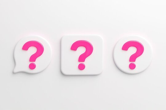 Three white speech bubbles with bright pink question marks inside against a clean white background