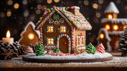 Gingerbread House adorned with caramel canes, shining gently against snow night, radiating the warmth of vacations and joy