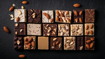 Festive christmas sweets decorated with almonds, creating nutty pattern against dark surface, showcasing holiday culinary artistry