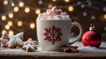 Christmas cup with hot chocolate, marshmallow, gingerbread cookies and festive decorations creating a warm vacation atmosphere