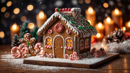 Festive gingerbread house glowing with christmas lights, candles casting warm shadows on intricate sugary details