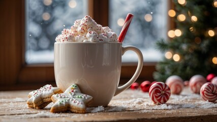 Mug of hot chocolate with whipped cream, sprinkles and candy canes, star shaped cookies, christmas tree lights and snowy window in background