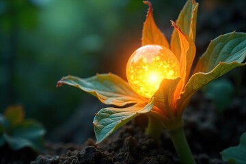 Close-up shot of a voracious plant rapidly consuming a glowing orb of energy, its leaves unfurling to engulf the light source , orb, bright, shadows