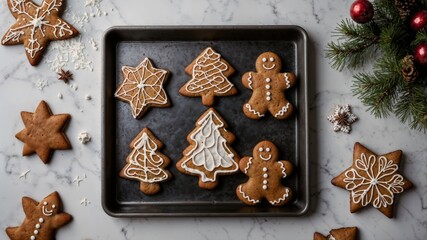 Festive gingerbread cookies with white glaze sugar decoration on the marble surface near Christmas ornaments, creating seasonal baked scene