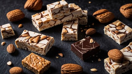 Spanish holiday nougat, almonds adorning dark slate platter, traditional christmas confection