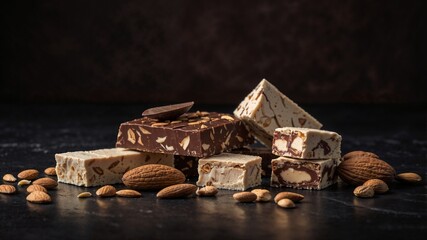 Turron's pieces, a traditional Spanish Christmas sweet, covered with chocolate and almonds on a marble surface