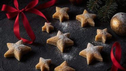 Festive star-shaped cookies dusted with powdered sugar, nestled among red ribbons, golden ornaments, and evergreen branches, evoking holiday warmth