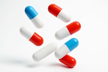 Multiple colorful pharmaceutical capsules in red blue and white floating and falling against a clean white background
