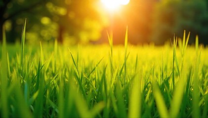 Golden hour sunlight bathes a lush green field of tall grass swaying gently in a warm summer breeze Perfect for summer, nature, and countryside themes , sunshine, grass, beautiful