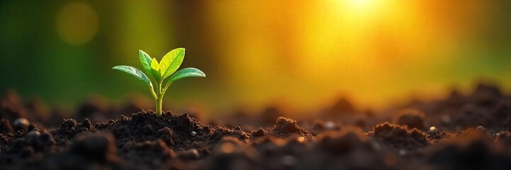 Golden sunrise illuminates a vibrant, newly sprouted plant pushing through rich soil, symbolizing rebirth and renewal  A powerful image of hope and new beginnings ,  green,  new beginnings,  nature