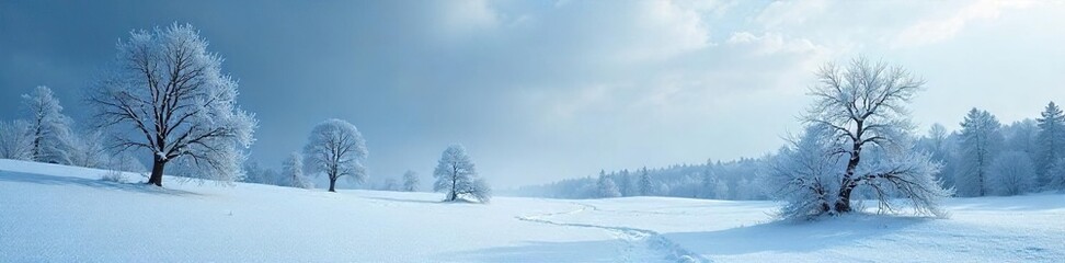 Frozen landscape with stark, snow-covered trees under a bleak, winter sky The intense cold is palpable in the scene's icy stillness and deep shadows , serene, shadows