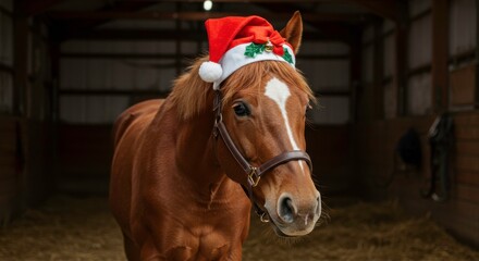 Fototapeta premium Festive horse portrait: a brown horse wearing a santa hat in a stable environment
