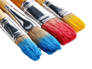 Four paintbrushes with blue, brown, red, and yellow bristles, close up, isolated, creative art