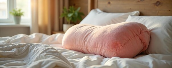 Cozy bedroom scene featuring a plush, inviting tummy-shaped pillow resting on a soft bed, perfect for relaxation and comfort , dreamy, restfulness