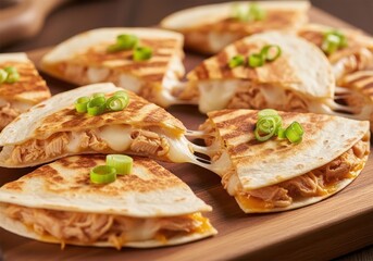 Deliciously golden brown chicken quesadillas with fresh green garnish
