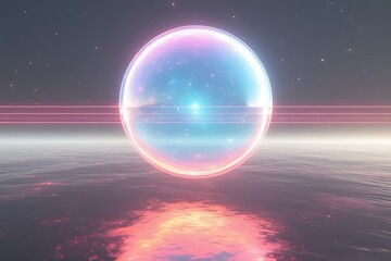 Fototapeta premium Luminous Sphere Floating Above Reflective Water glowing