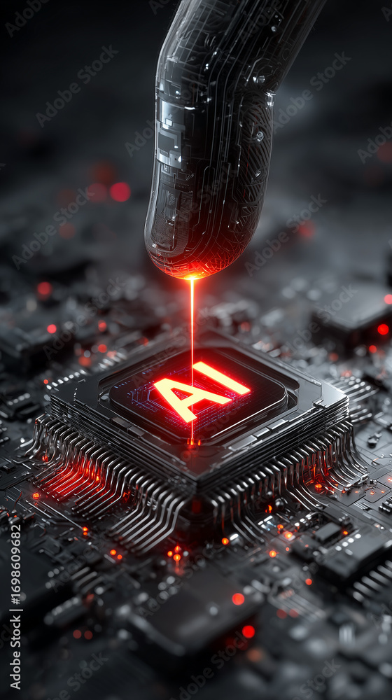 Poster ai-generated close-up of a human finger touching a glowing ai symbol on a digital interface. vertica