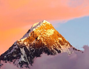 Majestic mountain peak bathed in golden sunrise hues, snow-capped summit, dramatic clouds