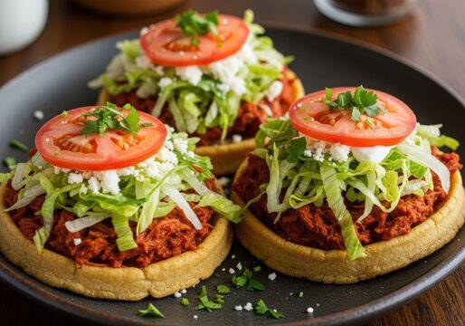 Three delicious sopes topped with shredded lettuce tomato and cheese
