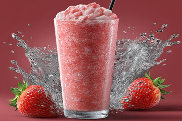 Strawberry milkshake glass with splashing water and fresh strawberry fruit, creamy textured drink, cold beverage with straw, appetitive cool mood, studio food product photography