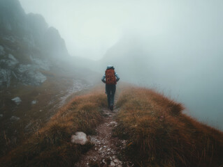 Solo traveler backpack hiker mountain fog trail misty pathway autumn grass